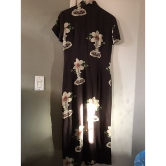 Harari 100% Silk Art Deco Japanese Print Maxi Dress Brown Size L made In US - Picture 3 of 7